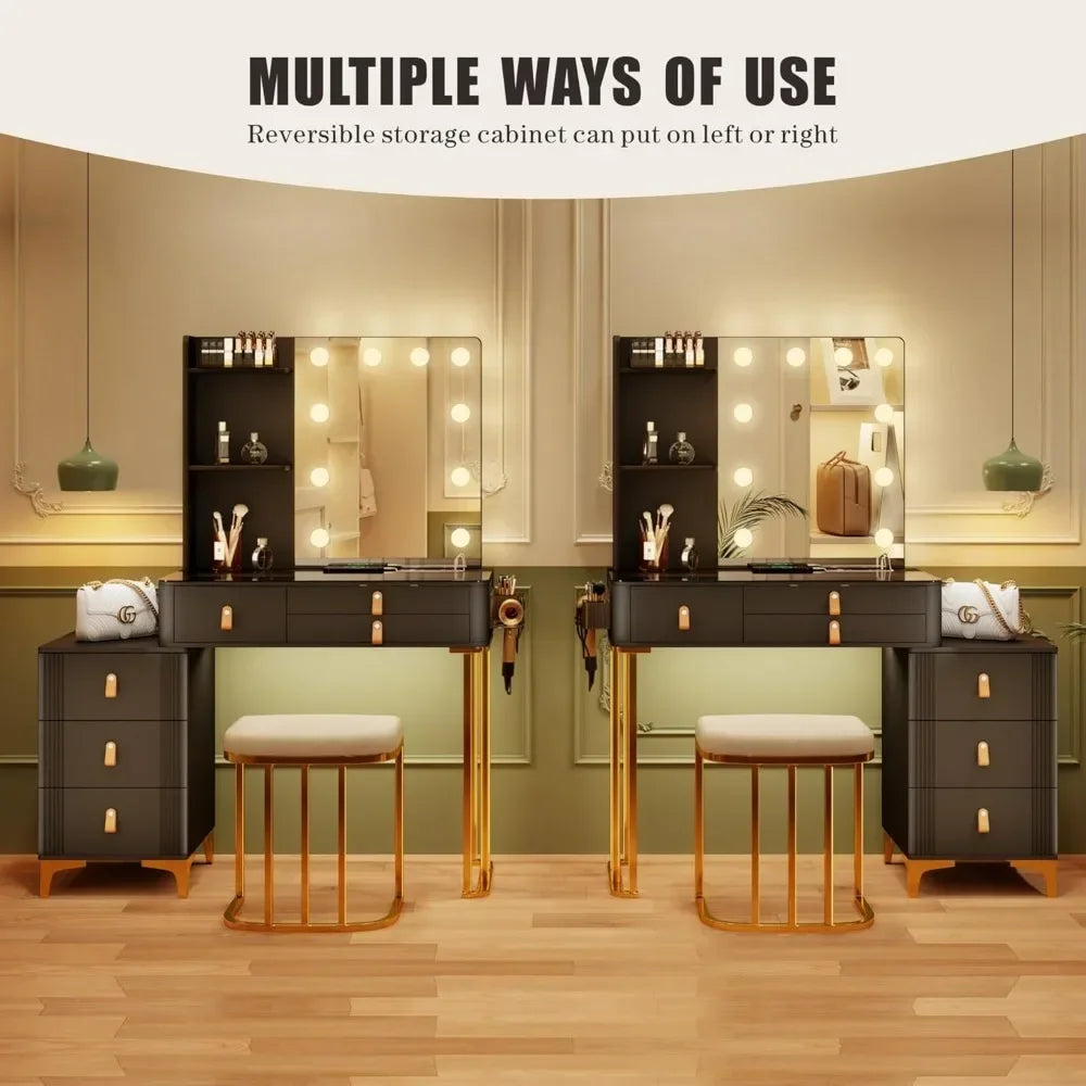 Makeup Vanity with Lights-Vanity Desk with 10 Light Bulbs&3 Color Lighting Modes-Dresser-Makeup Table with Mirror and Chair