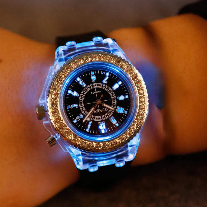 Luminous Quartz Watch for Women Personality Rhinestone Led Fashion Geneva Male and Female Students Couple Jelly Wrist Watches
