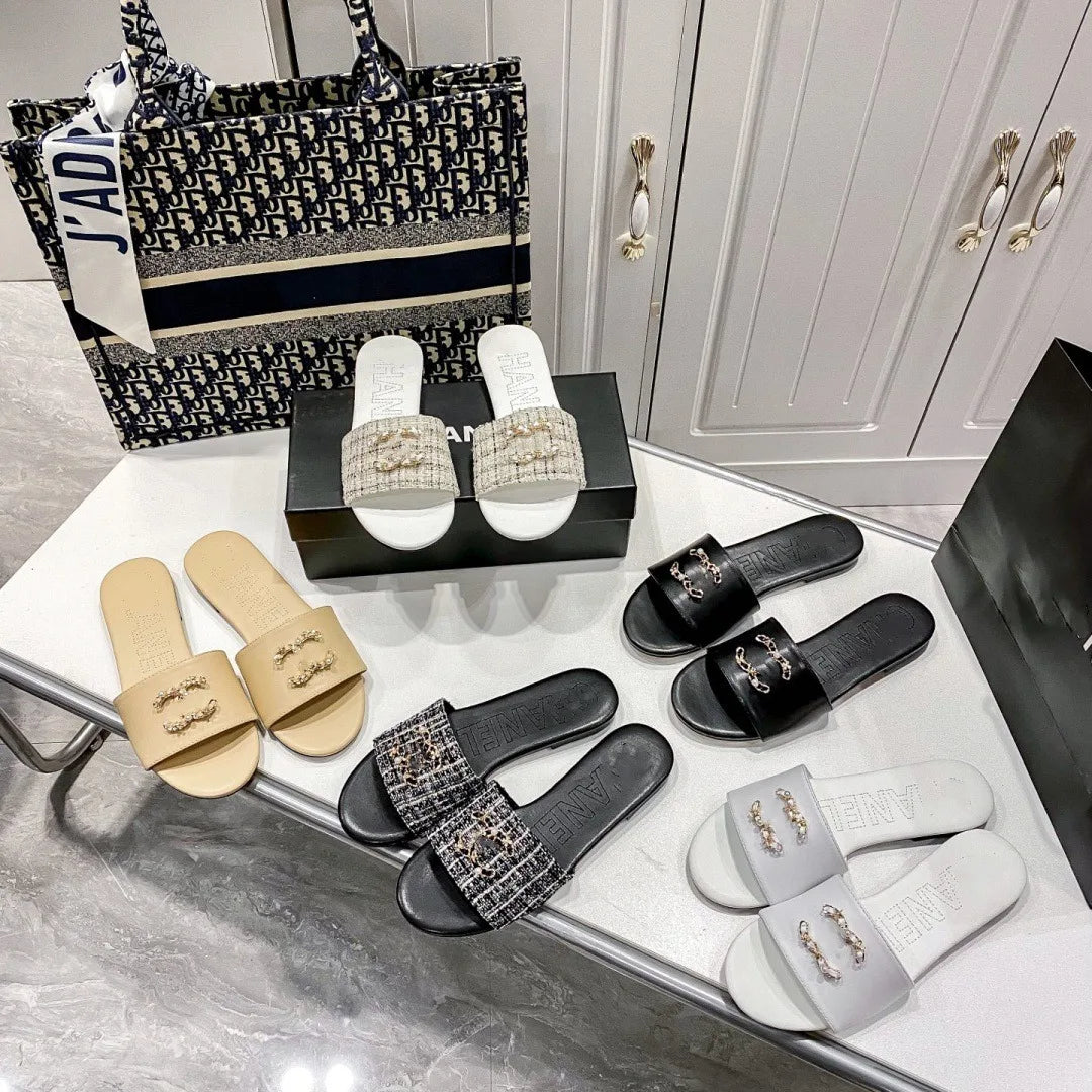 High quality 2025 spring new high-end leather flat slippers with versatile and casual design, high-end temperament, elegant and