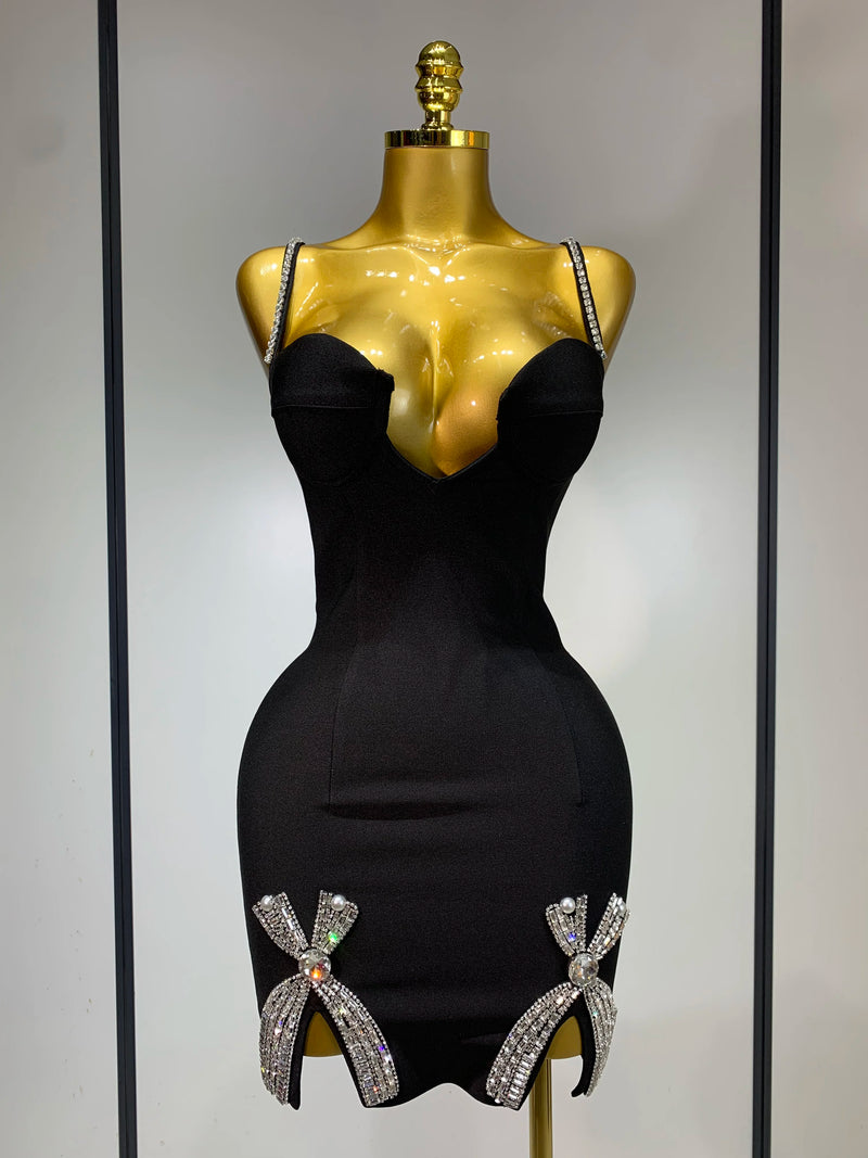 Women Celebrity Sexy V Neck Beading Black Mini Bodycon Bandage Dress Luxury 2025 Knitted Elegant Evening Club Party Dresses