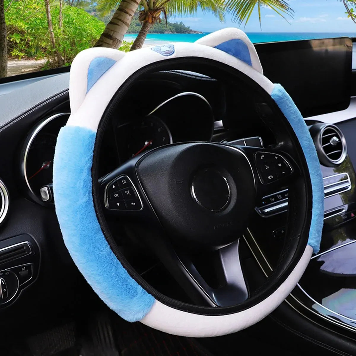 Cute Cartoon Plush Kitten Warm Car without Inner Ring Steering Wheel Cover Car Accessories Suitable for 14.5-15INCH