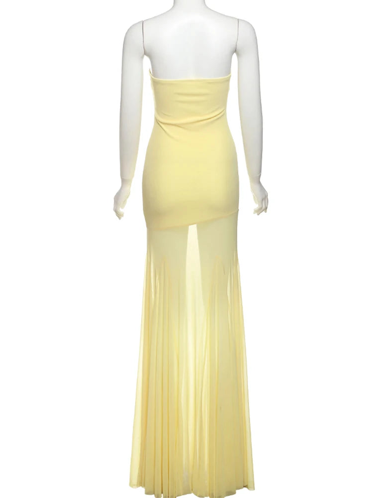 Weird Puss Patchwork See Through Dress Women Elegant Solid Pleated Strapless Sleeveless Backless Slim Banquet Party Vestidos