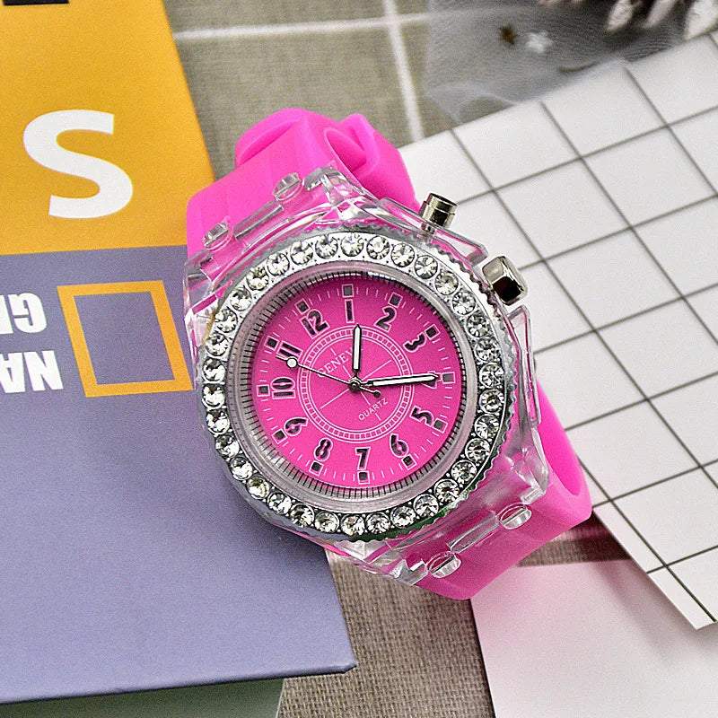 Luminous Quartz Watch for Women Personality Rhinestone Led Fashion Geneva Male and Female Students Couple Jelly Wrist Watches