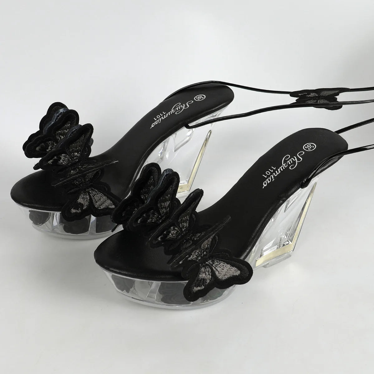 11CM Sexy Strappy Pole Dance Shoes Summer Women Embroider Butterfly High Heels Nightclub Transparent Wedges Heeled Sandals Black
