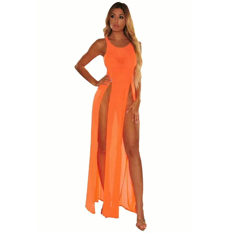 Top Fashion Transparent Sexy Split Long Sleeping Dress Super Elastic Multi-color Mesh Beach Skirt Women Nightgown Lingerie Dress