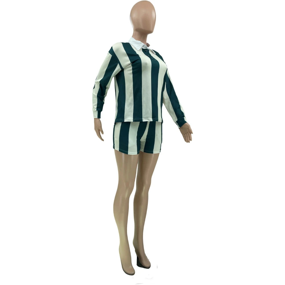 Women's Clothing Fashion Striped Sets Long Sleeve Polo-Neck T Shirt and Shorts 2025 Spring Summer 2 Two Piece Set Tracksuit