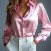 Women's Satin Shirts Elegant Plain Long Sleeve Blouse Office Lady Button-Up Shirt Top Female Crew Neck Shirts Blouse 2025 Autumn
