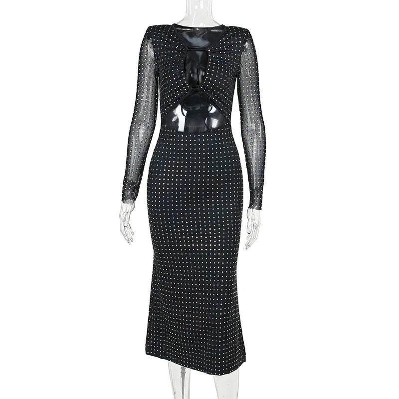 Tossy Glitter Hollow Out See-Through Maxi Dress Female Sexy Lace-Up Club High Waist Patchwork Sparkle Bandage Women Long Dress