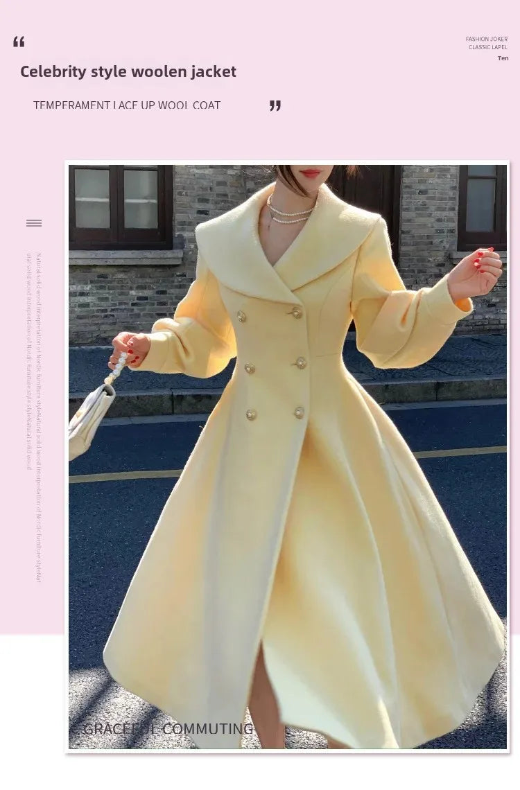 Plus Size 2024 Autumn/Winter New Style French Vintage Tweed Large Lapel Woolen Overcoat Long Sleeve Double Row Button Overcoat