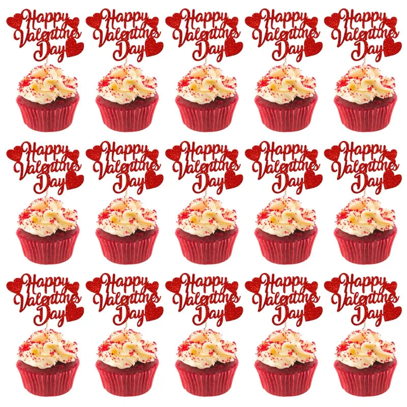 YOMDID 24Pcs Happy Valentines Day Cupcake Toppers Glitter Red Decorations Valentines Day Cupcake Picks Gift for Valentine\'s Day