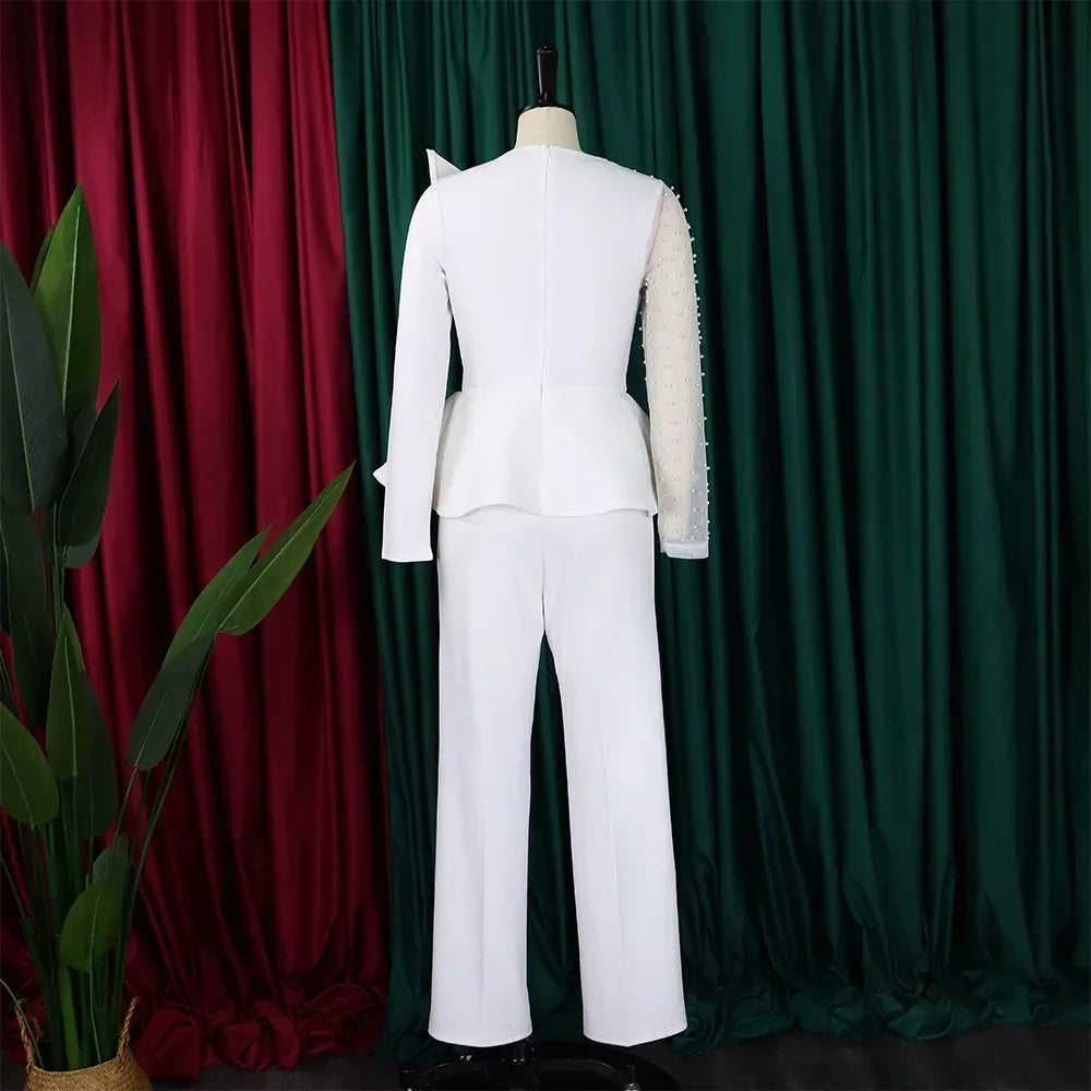 Luxury Jumpsuits & Rompers for Women Round Neck Beaded Transparent Sleeve High Waisted Elegant Female Birthday Party Overalls