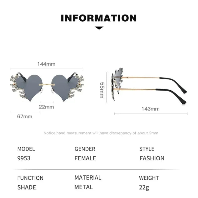 Rimless Sunglasses Women Luxury Brand Rhinestone Sun Glasses Ladies Cute Heart Shape Punk Party Eyewear очки від сонця женские