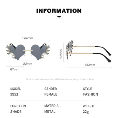 Rimless Sunglasses Women Luxury Brand Rhinestone Sun Glasses Ladies Cute Heart Shape Punk Party Eyewear очки від сонця женские