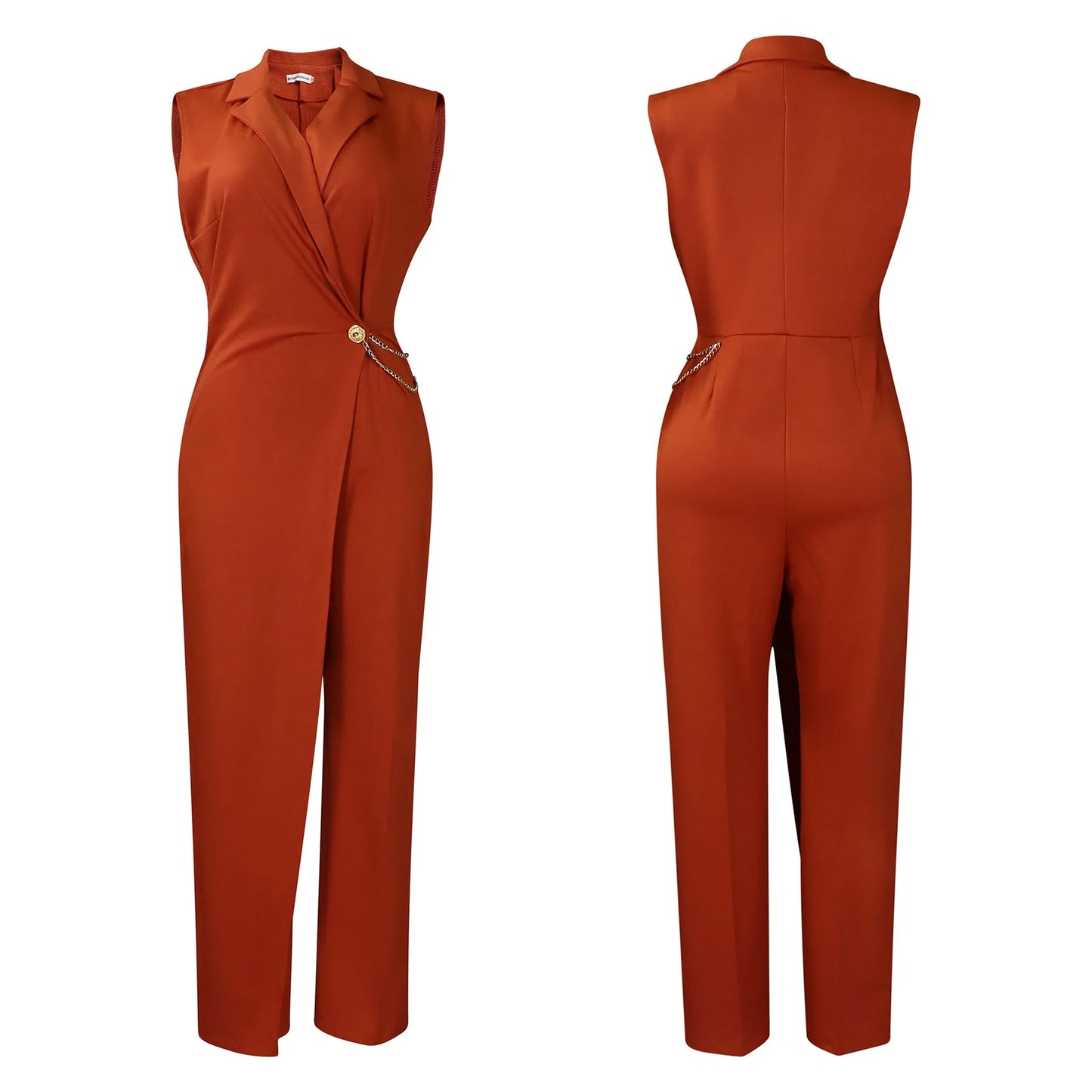 Elegant Jumpsuits & Rompers for Woman 2024 New Turn Down Collar Sleeveless High Waisted V Neck Straight Female Birthday Overalls
