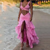 Wefads Women 2 Piece Set Summer Elegant Solid Sleeveless V Neck Hollow Out Backless Tank Top Layered Pleated Long Skirt Sets