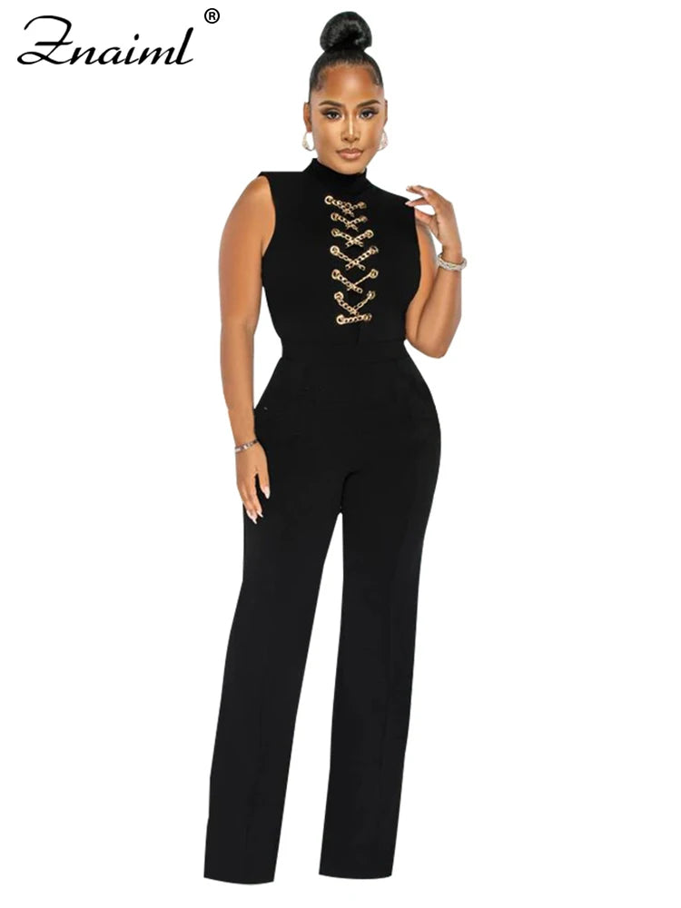 Znaiml Office Lady Jumpsuit High Waist Elegant Black One Pieces Chain Short Sleeve Straight Wide Leg Romper Birthday Overalls