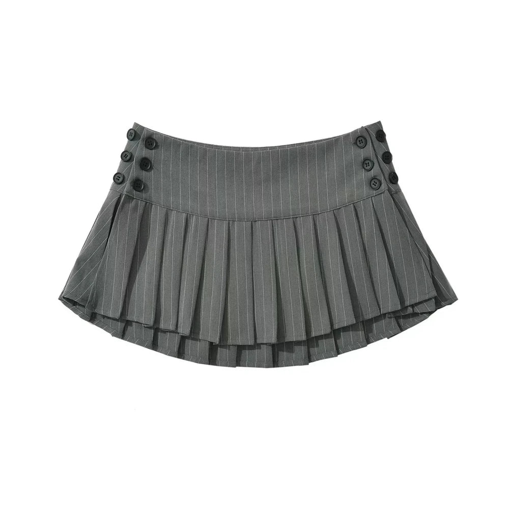HLJ&GG Fashion Stripe Patchwork Two Piece Sets For Women Preppy Style Polo-neck Button Slim Shirts + Pleated Mini Skirts Outfits