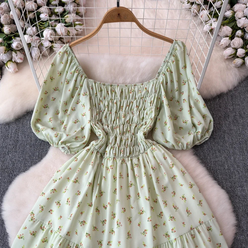 2024 New Summer Flower Print Long Dress Women Vintage Square Neck Ruched Chest Sash Bandage Sundress Party Vestidos