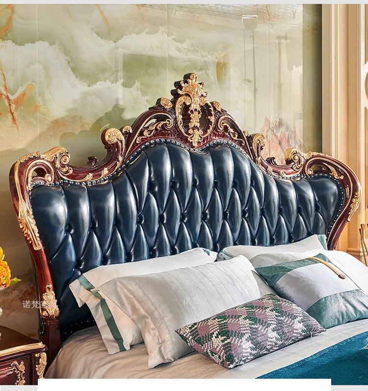 Nordic Luxury Aesthetic Bed Queen Size Cheap Cute Salon Bedroom King Bed Modern Wood Leather Camas Matrimonial Room Furniture