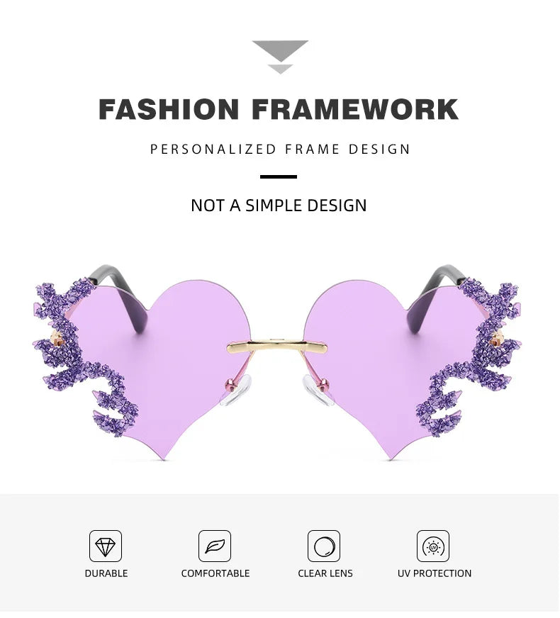 Rimless Sunglasses Women Luxury Brand Rhinestone Sun Glasses Ladies Cute Heart Shape Punk Party Eyewear очки від сонця женские