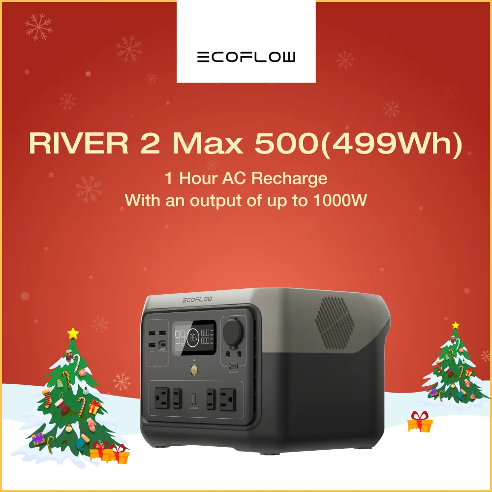 ECOFLOW Portable Power Station RIVER 2 Max, 499Wh/512Wh LiFePO4 Battery/ 1 Hour Fast Charging, Up To 1000W Output
