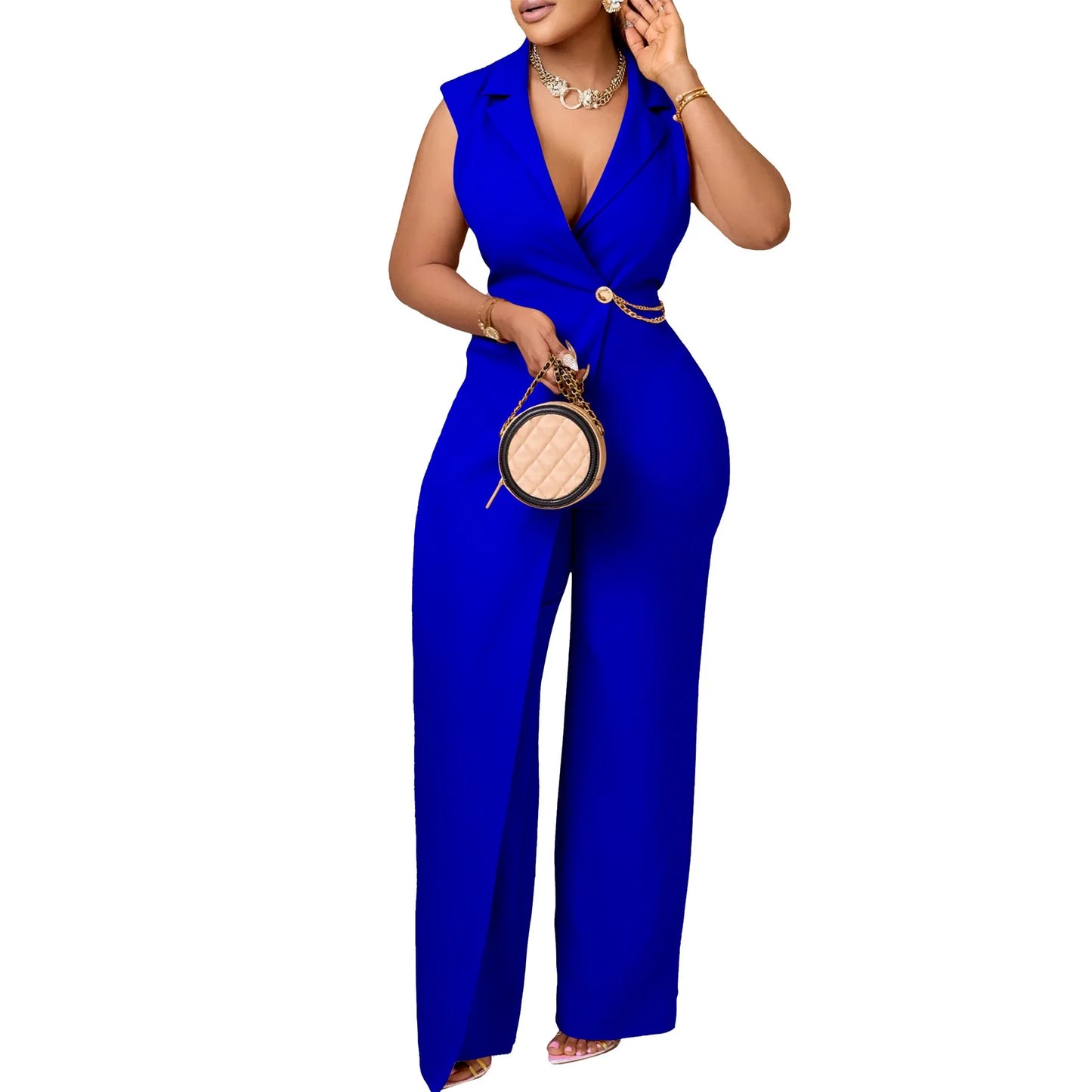 Elegant Jumpsuits & Rompers for Woman 2024 New Turn Down Collar Sleeveless High Waisted V Neck Straight Female Birthday Overalls