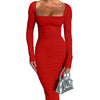 Autumn and Winter Women Sexy Bodycon Dress Square Neck Long Sleeved Ladies Evening Dresses