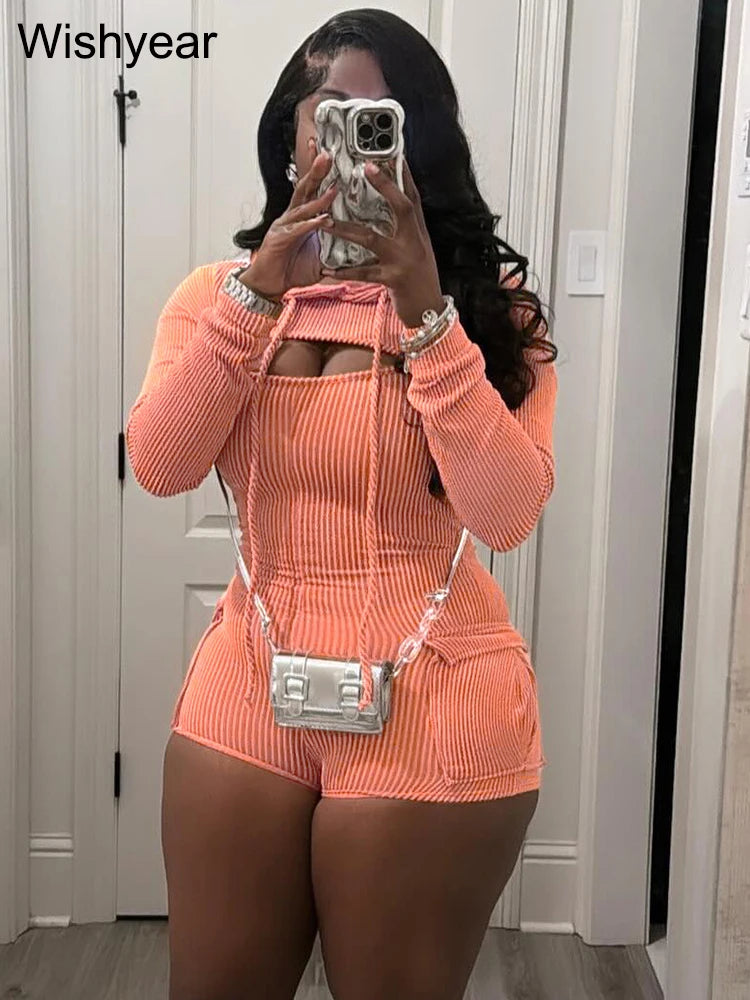 Women's Knitted Ribbed Cargo Pocket Playsuits with Hooded Long Sleeve Top Outfits Jumpsuits Shorts Overalls Birthday Clubwear