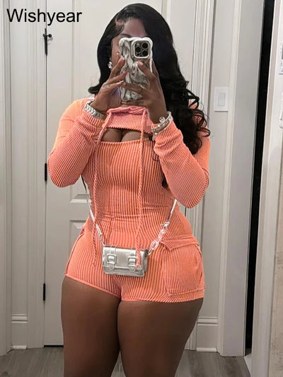 Women's Knitted Ribbed Cargo Pocket Playsuits with Hooded Long Sleeve Top Outfits Jumpsuits Shorts Overalls Birthday Clubwear