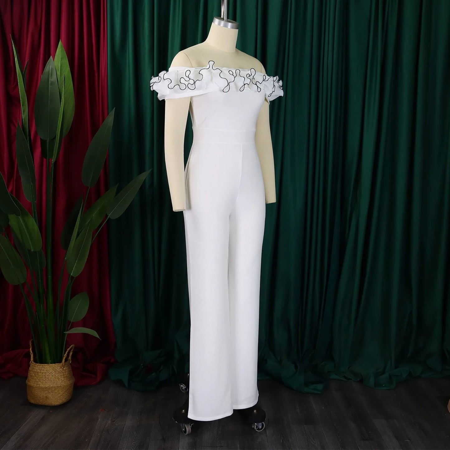 Luxury Jumpsuits & Rompers for Woman Off the Shoulder Ruffles Short Sleeve High Waisted Solid New Year 2025 Christmas Overalls