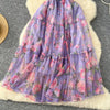 Elegant Slash Neck Vintage Short Puff Sleeve Chic Print Slim Chiffon Dresses French High Street Evening Autumn Mesh Clothing