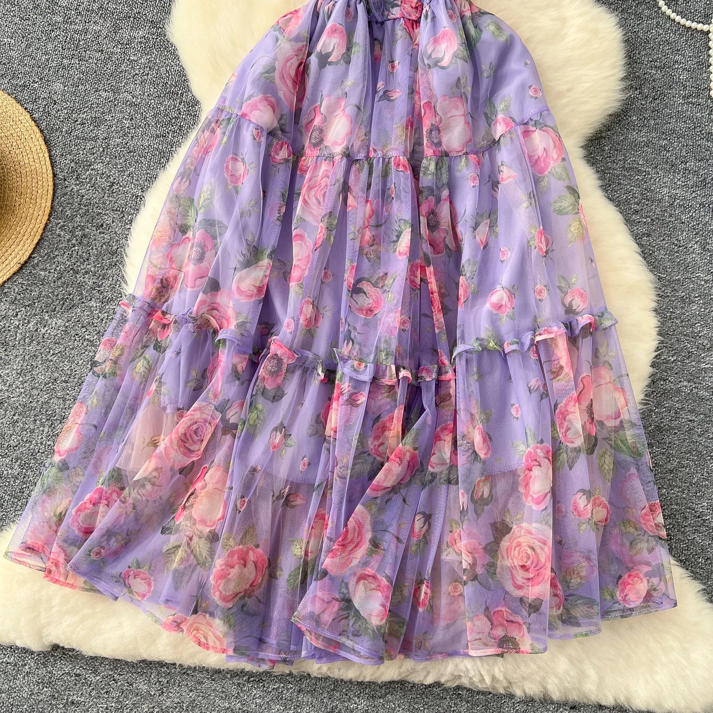 Elegant Slash Neck Vintage Short Puff Sleeve Chic Print Slim Chiffon Dresses French High Street Evening Autumn Mesh Clothing