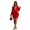 CM.YAYA Women Rose Floral Applique Long Sleeve Bodycon Mini Midi Dress Winter V-neck Club Sexy Party Evening Dresses Vestidos