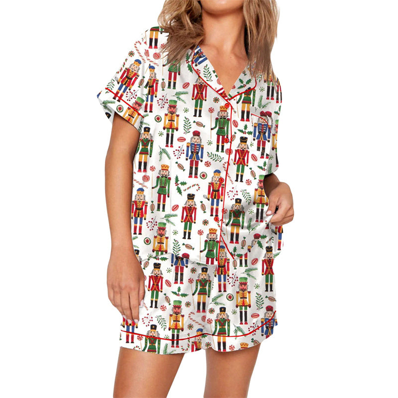 Nutcracker Pajamas Women Christmas Pajama Set Short Sleeve Tops+Elastic Waist Shorts Santa Claus Avatar Print Sleepwear Outfits