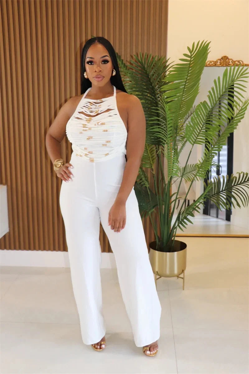 Sexy Halter Backless Jumpsuits Woman Elegant High Waist Flare Pants Sleeveless Beading Ruched Party Romper Birthday Club Outfits