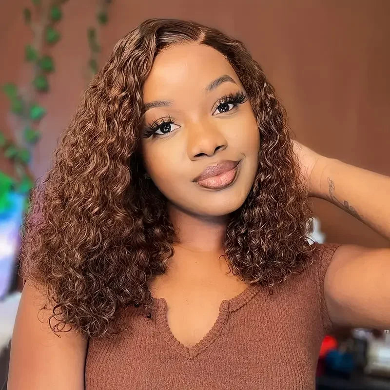 Brown Curly Lace Front Human Hair Wigs 200 Density 13x4 Full Frontal Brown Colored Deep Water Wave Wigs HD Lace Wigs