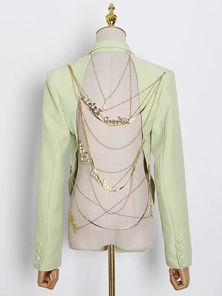 TWOTWINSTYLE Backless Spliced Button Blazers For Women Notched Collar Long Sleeve Patchwork Chain Chic Blazer Female Fashion New