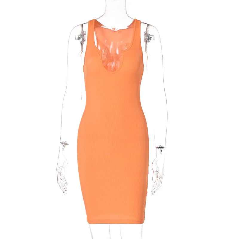 Sexy Deep U Neck Wrap Chest Slim Bodycon Dress Women Sleeveless Solid Color Skinny Dress Elegant Club Party Vestidos