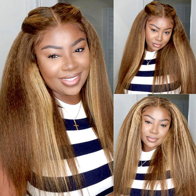Highlight P4/27 Kinky Straight 24Inch Brown Blonde Color 13x6 Brazilian Transparent Lace Front Human Hair Pre Plucked Wig
