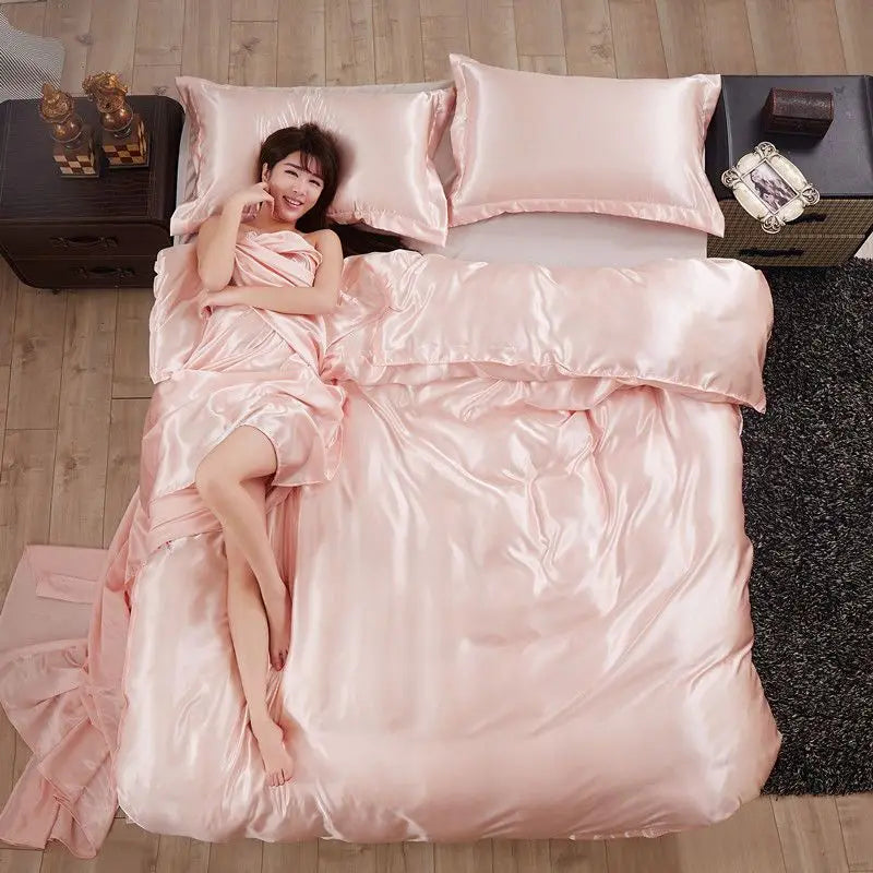 Nordic Satin Silk Bedding Set with Duvet Cover Bed Sheet Pillowcases Luxury Solid Single Double Couple Pillow Case Bedsheet