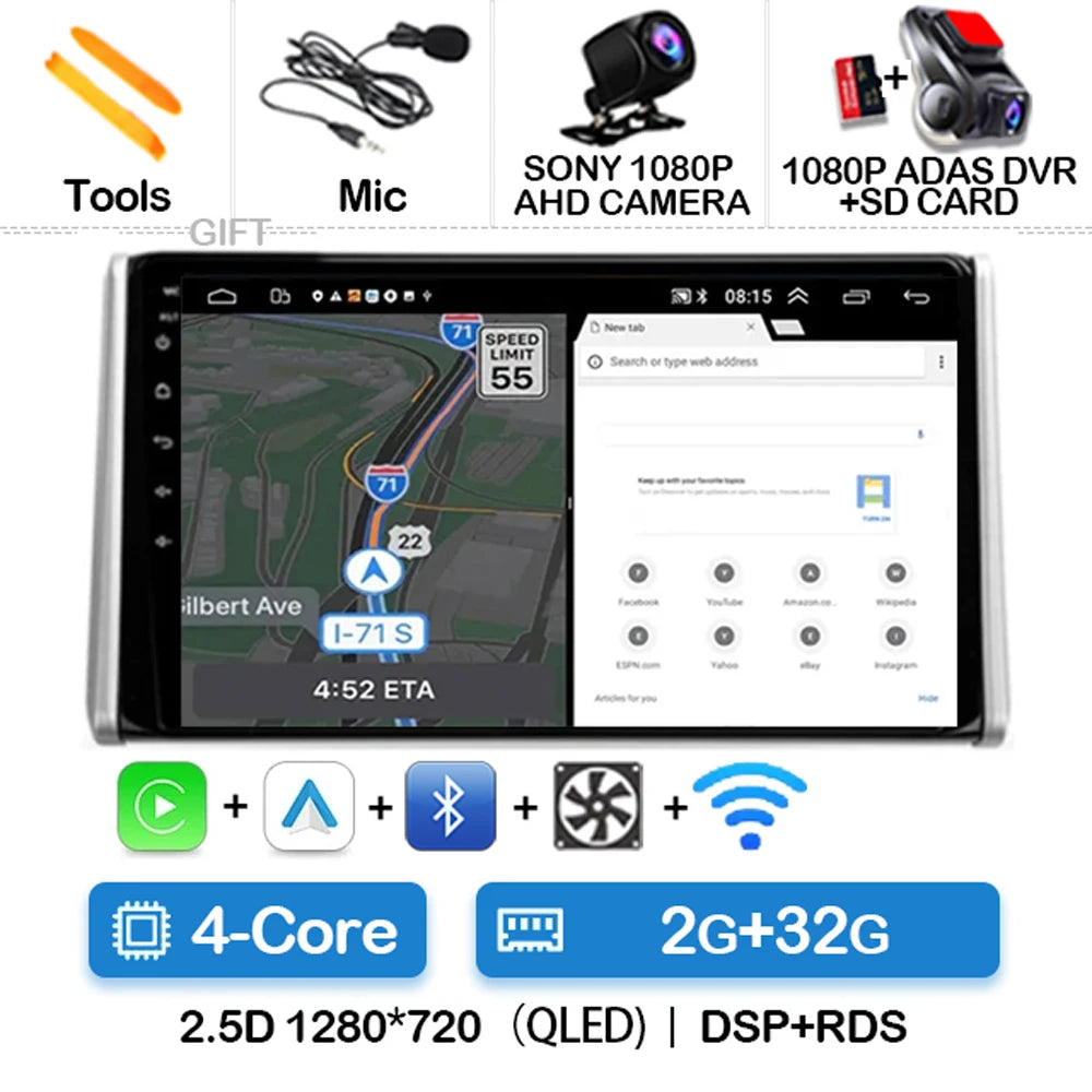 Android 14 Car Radio For Toyota RAV4 5 XA50 2018 - 2023 Multimedia Video Player Navigation GPS 2Din Carplay Auto 4G WIFI QLED BT