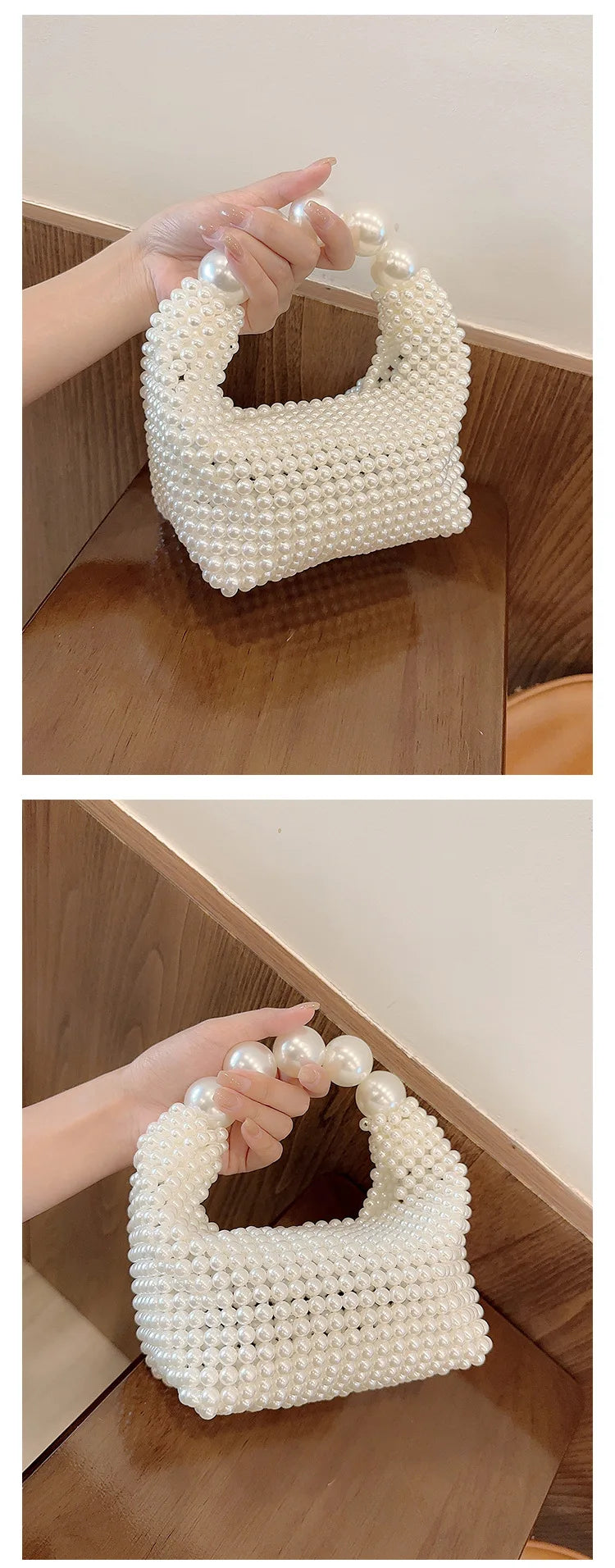 European and American style new beaded handbag Summer women's pearl bag hand woven wrist bag Fashion temperament handbag
