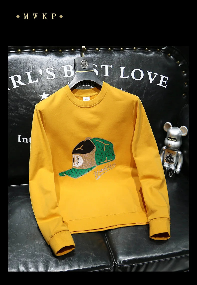 Round Collar Men's Pullover New Male Hoodies Personalized Hat Hot Diamond Print Fashionable Top Youth Bottoming Shirt Clothing