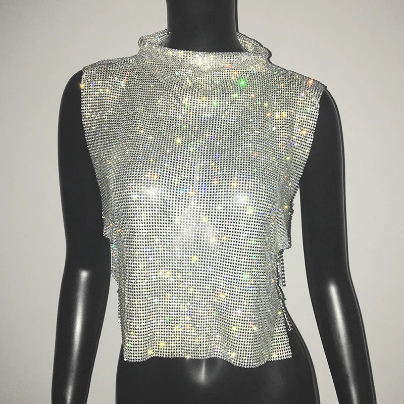 Sexy Rhinestone Backless Party Crop Top Women Glitter Turtleneck TShirt Adjustable Metal Chain Summer Nightculb Diamond Tank Top