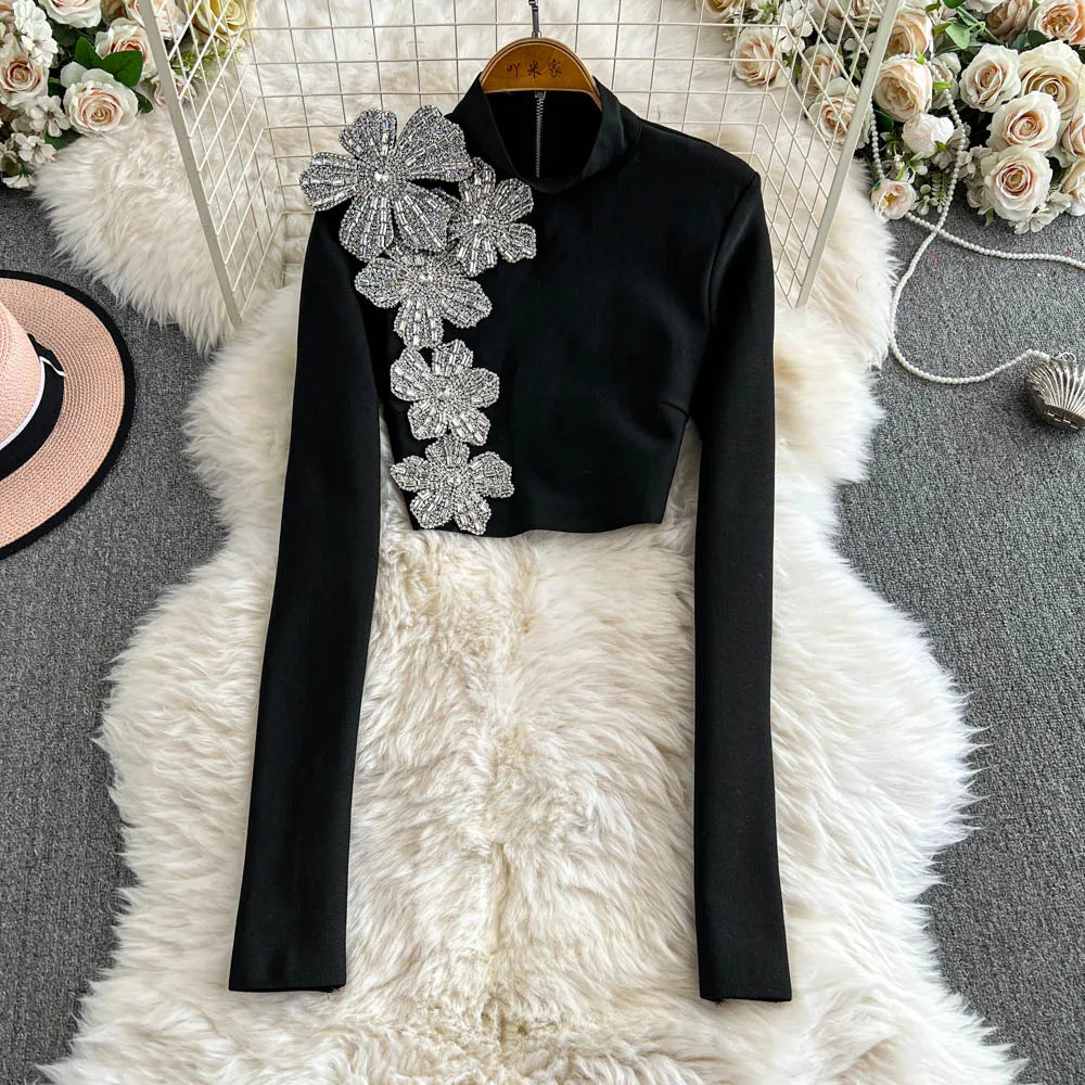 Faionable Diamond Embellied Wrap Skirt Set ort Top Long Dr Slimming High Collar Long Sve Zipper Two Piece Set
