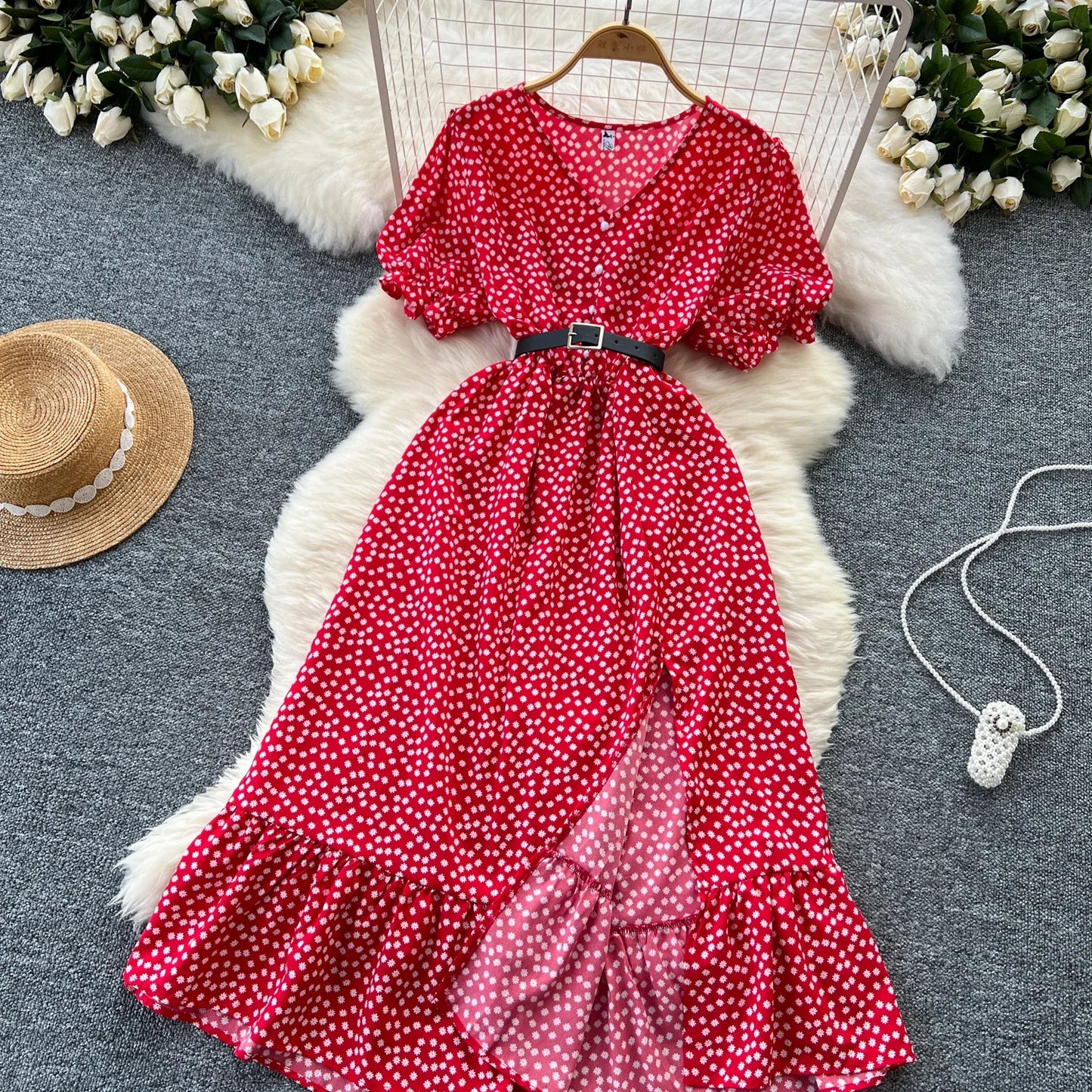 Summer Pleated Women Buttons Dresses Casual Beach Holiday Short Sleeve V Neck Woman Midi Dress Bohemian Mujer Vestidos