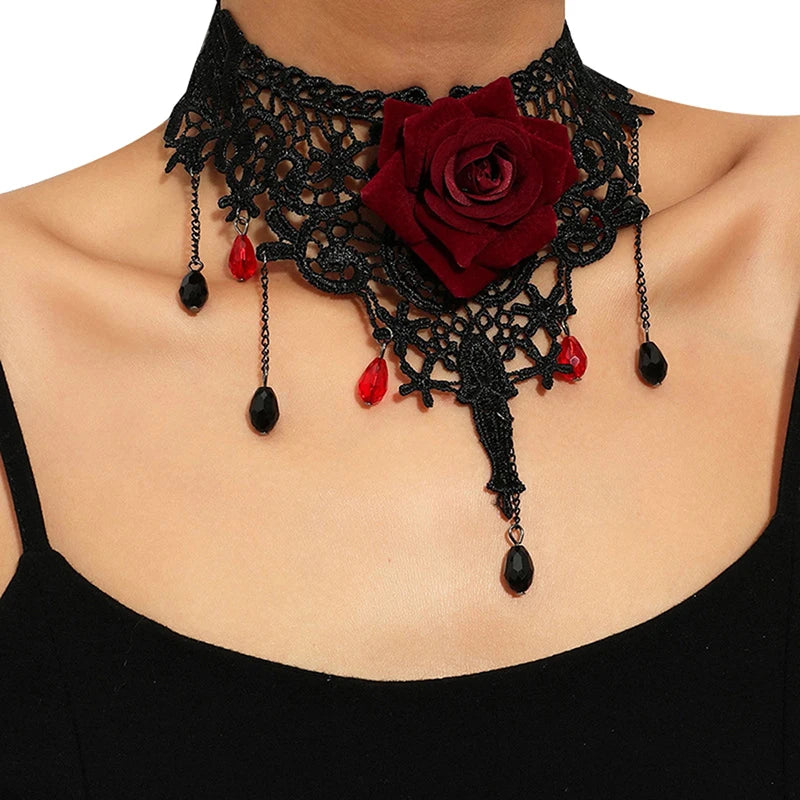Vintage Blumen-Anhänger-Halskette für Damen, Gothic Spitze Quaste Schlüsselbeinkette Schmuck