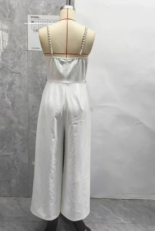 Spring New Jumpsuit Women Bandeau Beaded Spaghetti Strap Bowknot Design Ruched Slim Fit Elegant Wide-Leg Overall Female Jumpsuit