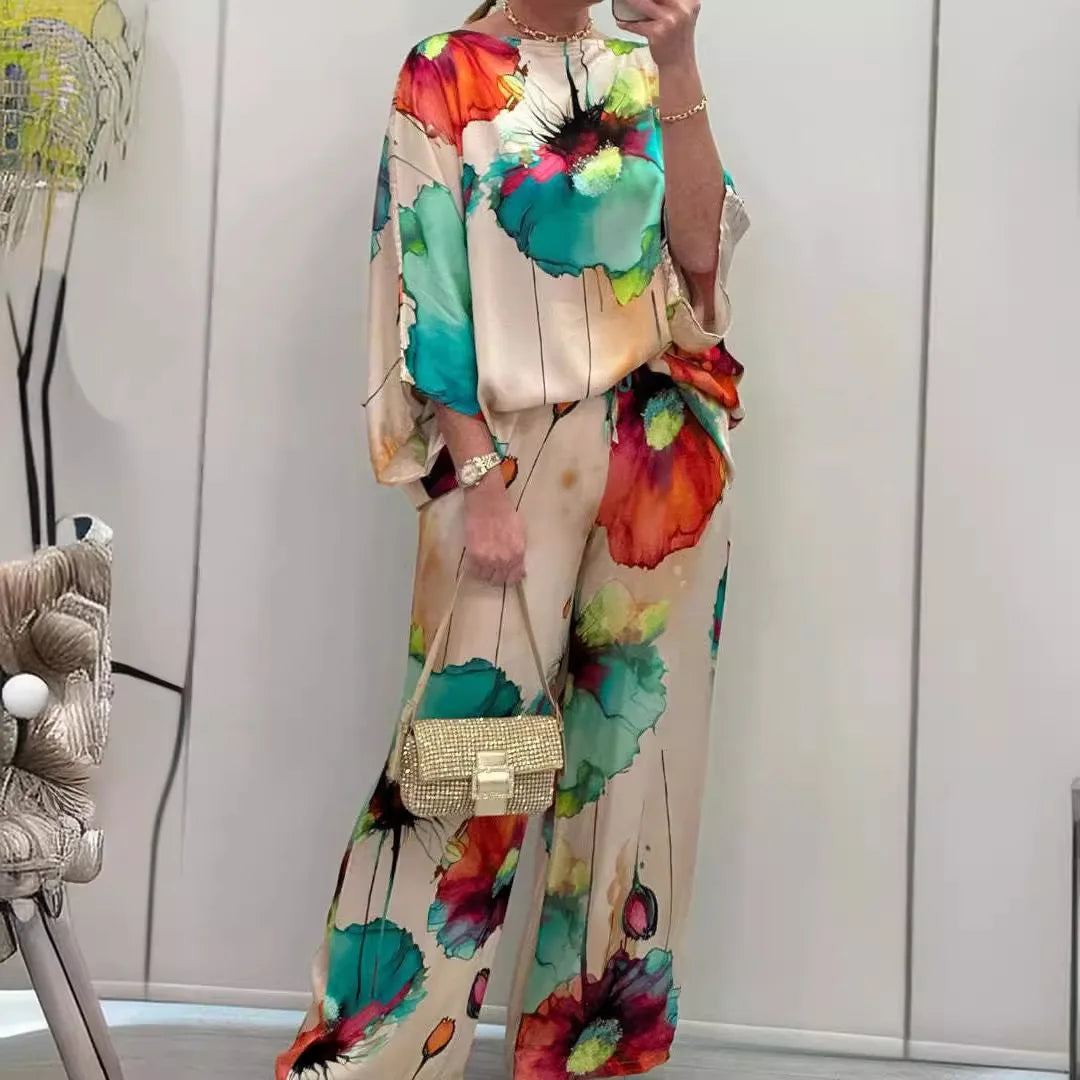 Casual Sets for Women 2 pieces Summer Fashion Printed Satin Two Piece Sets Women Sexy Round Neck Top+Wide Leg Long Pants Outfits