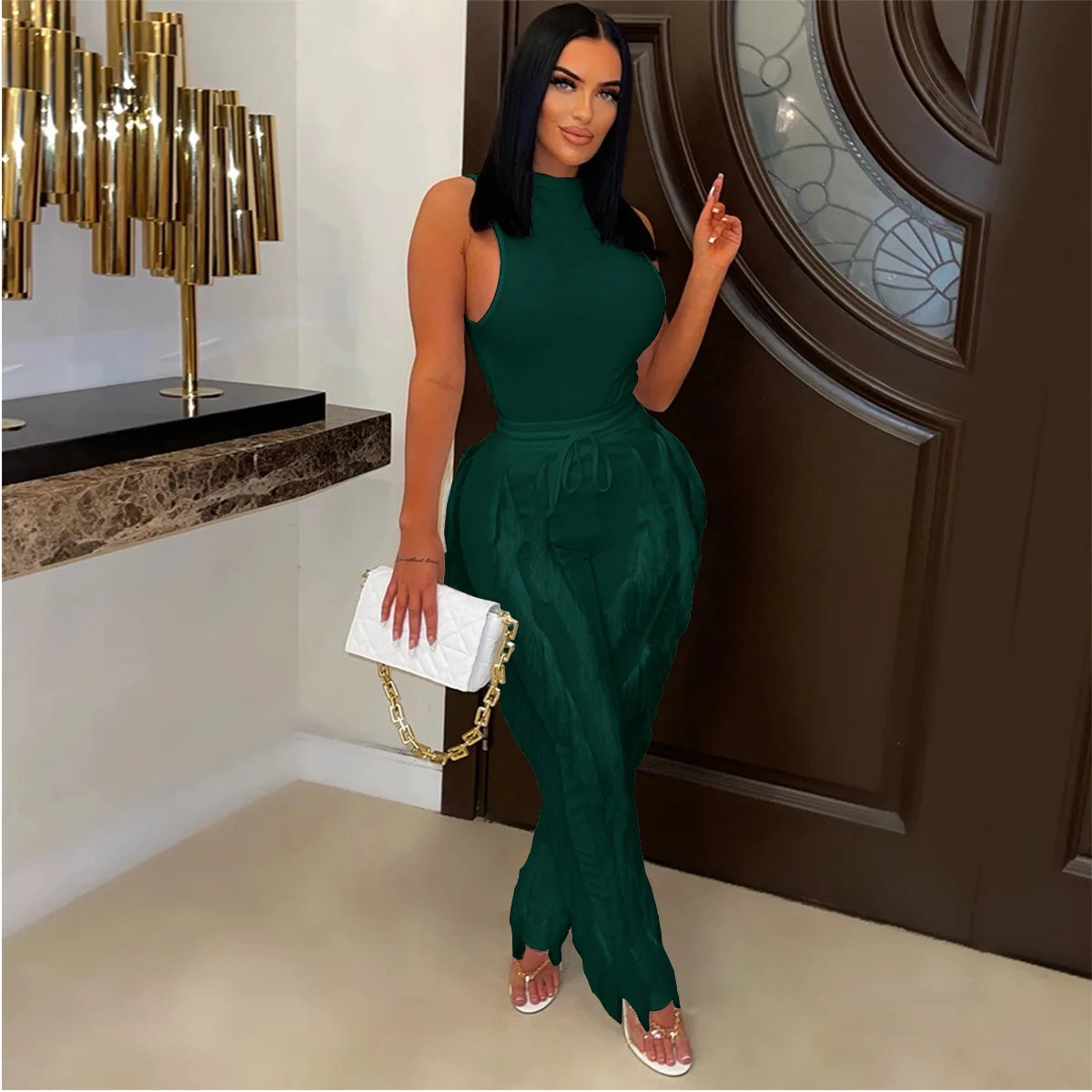 Solid Tank Pants Tassel Two Piece Sets Women Fashion Sleeveless Bodysuits Top Drawstring High Waist Fringed Wide Leg Trousers